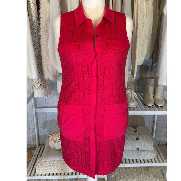 Cece Women's Sz 10 Bright Pink Lined Eyelet Sleeveless Sheath Shirt Dress #0327 - Picture 1 of 14